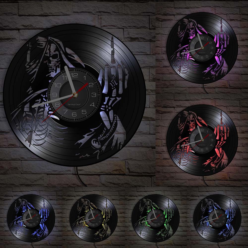 Schädel-Kopf-Vinyl-Schallplatten-Wanduhr im Alter von Skelett-Kopf-Wanduhr, Skelett-Vampir-Männer, Halloween-Dekor, Wandbehang-Uhr