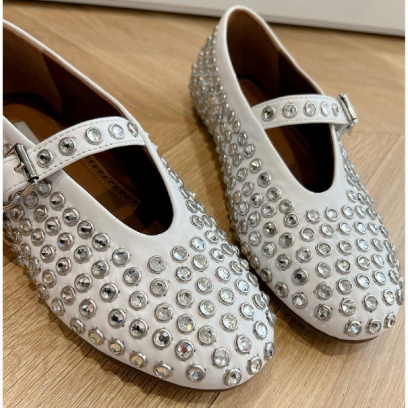 Versiune piele de vacă~ Pantofi unici Mary Jane cu toc plat și confortabil pentru dans de balet pentru femei cu nituri cu strasuri cu cap rotund din piele