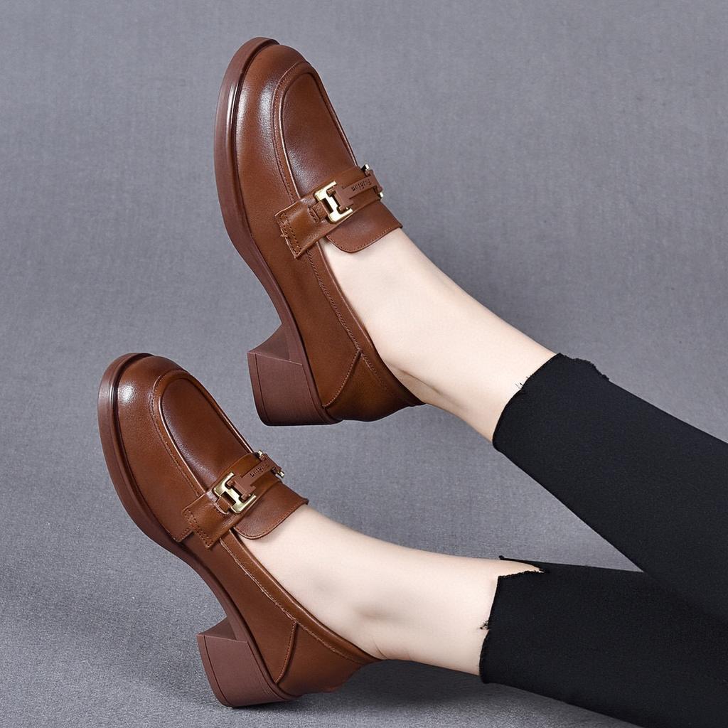 Small Leather Shoes Women's Autumn New First-layer Cowhide Middle Heel Single Shoes Round Head Shallow Mouth One Pedal Women's Shoes