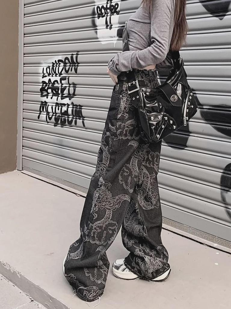 Dámské džíny s vysokým pasem a širokými nohavicemi s dračím potiskem