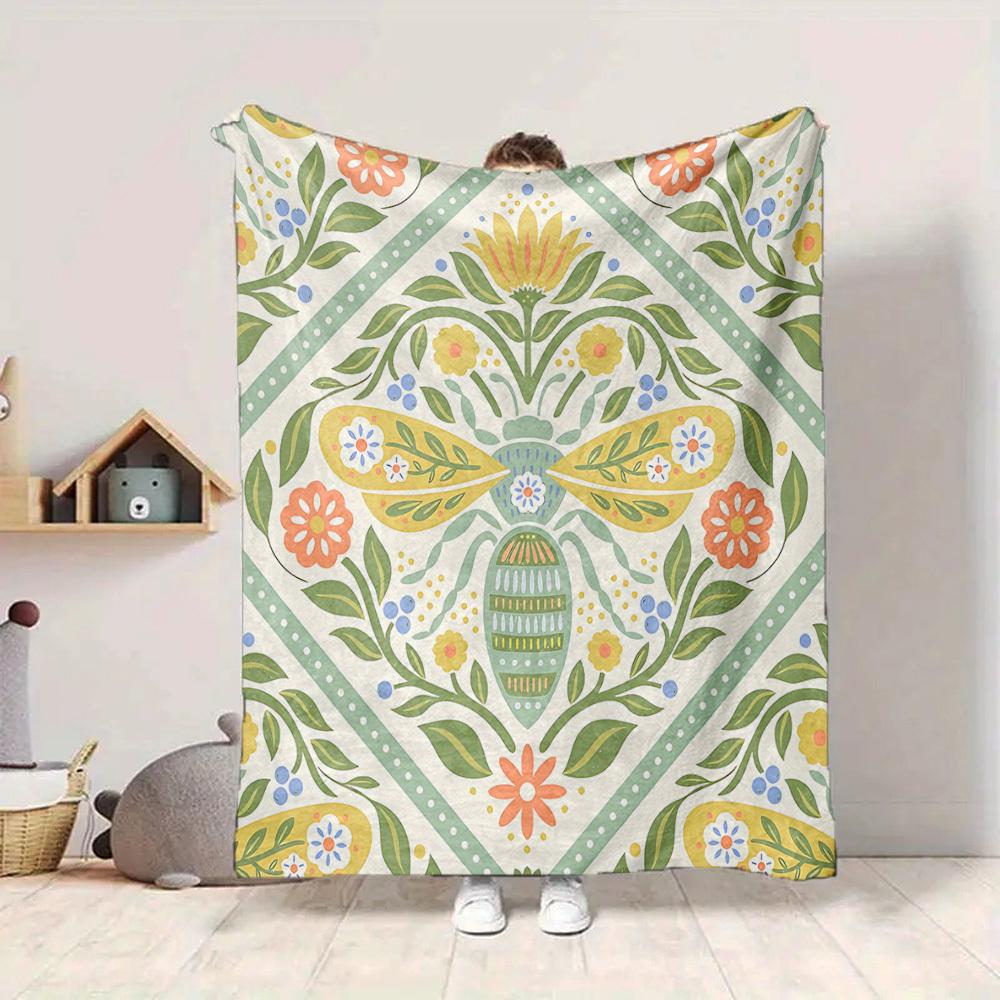 1pc Floral Bee Lightweight Flannel Blanket, Comfortable and Warm Blanket, for Office and Camping Sofa Bed139