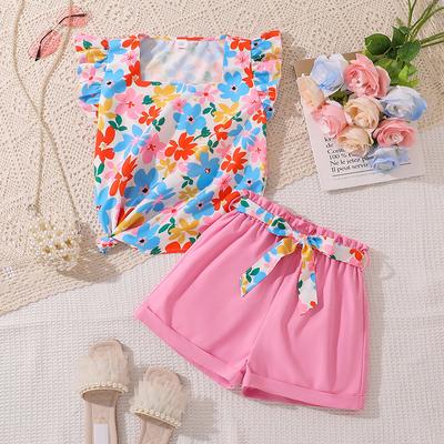 Mädchen Freizeitanzug Sommer Kindermode Farbkontrast Bedrucktes Kurzarm-Top Shorts Zweiteiler