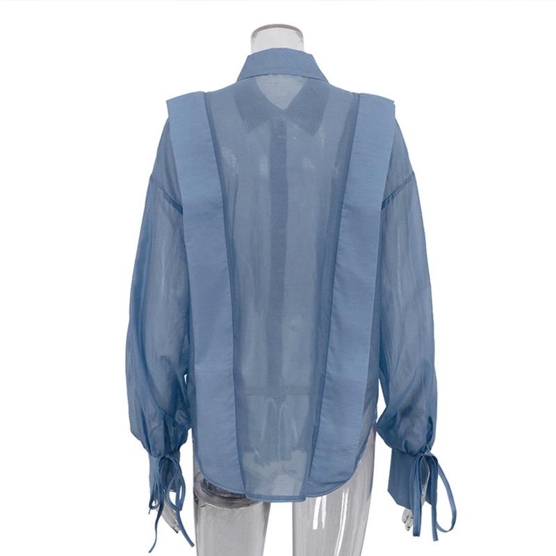 Solid See Through Women Shirt Commut Wear Lapel Long Sleeve Single Button Lace Up Female Blouse 2025 Spring Summer Elegant Office Lady Top