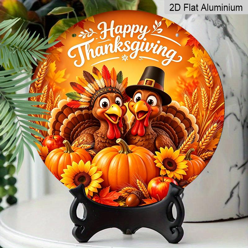 2D Flat, 1pc Round Aluminum Hanging Sign, Happy Thanksgiving Cute Cartoon Turkeys Pumpkin Sunflower Maple Wheat Apple Metal Wall Decor, Warm Orange
