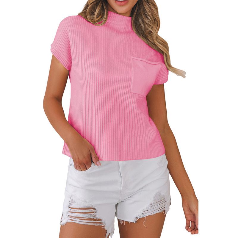 2025 Women's High Neck Short Sleeve Ribbed Knit Pullover – European & American Fashion
