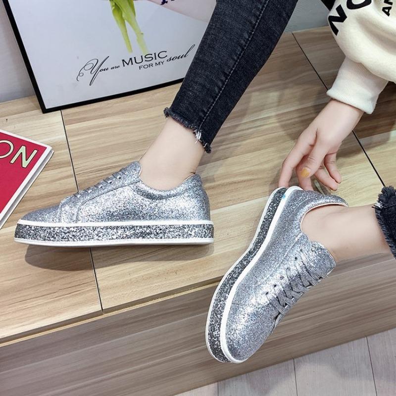 Flat Bottom Casual Round Head Lace-up Student Shoes Board Shoes Women's New Wish Large Size Sequined Women's Single Shoes