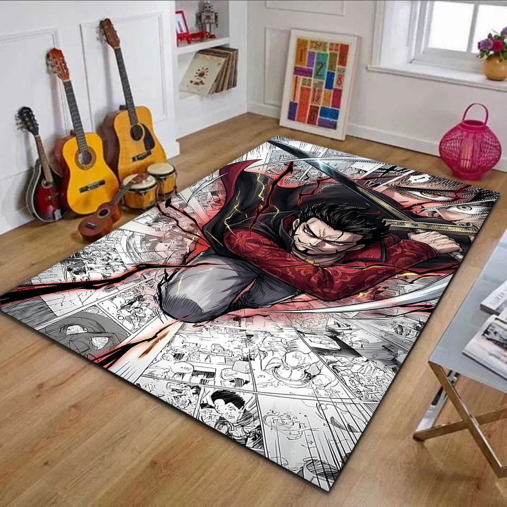 Dynamic Anime Swordfighter Design Patterned Carpet, Non Slip Mat Suitable for Living Room and Bedroom Sofas