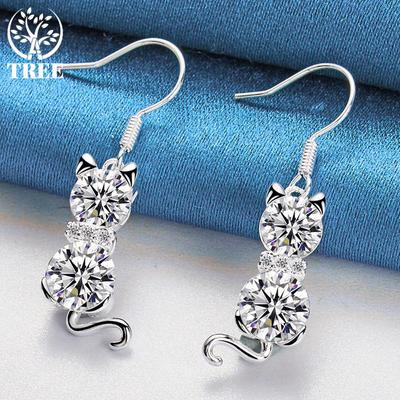 925 Sterling Silber Katze AAA Zirkon Tropfenohrring Schmuck