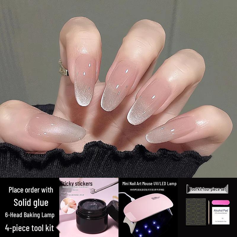 High-End UV Gel Cat Eye Press-On Nails Set – Clear, Self-Adhesive & Solid with Stickers