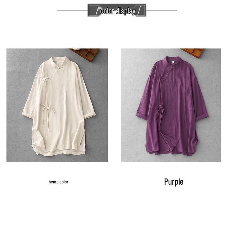 Zen Women's Cotton Linen Robe: Chinese Slant Placket, Long Sleeve, Temple Meditation Wear