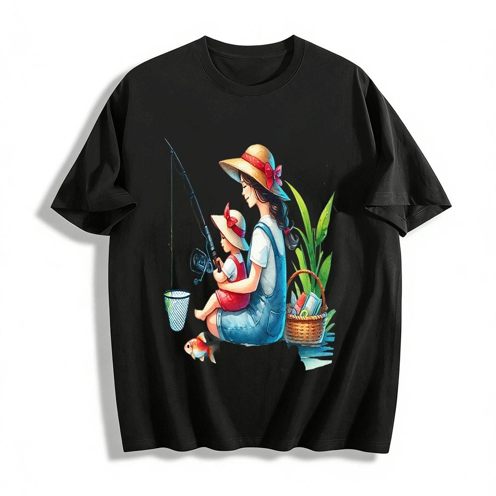 Warm Parent-Child Fishing Time Printed T-Shirt Mother Daughter Vacation Top Pure cotton T-shirt XXS