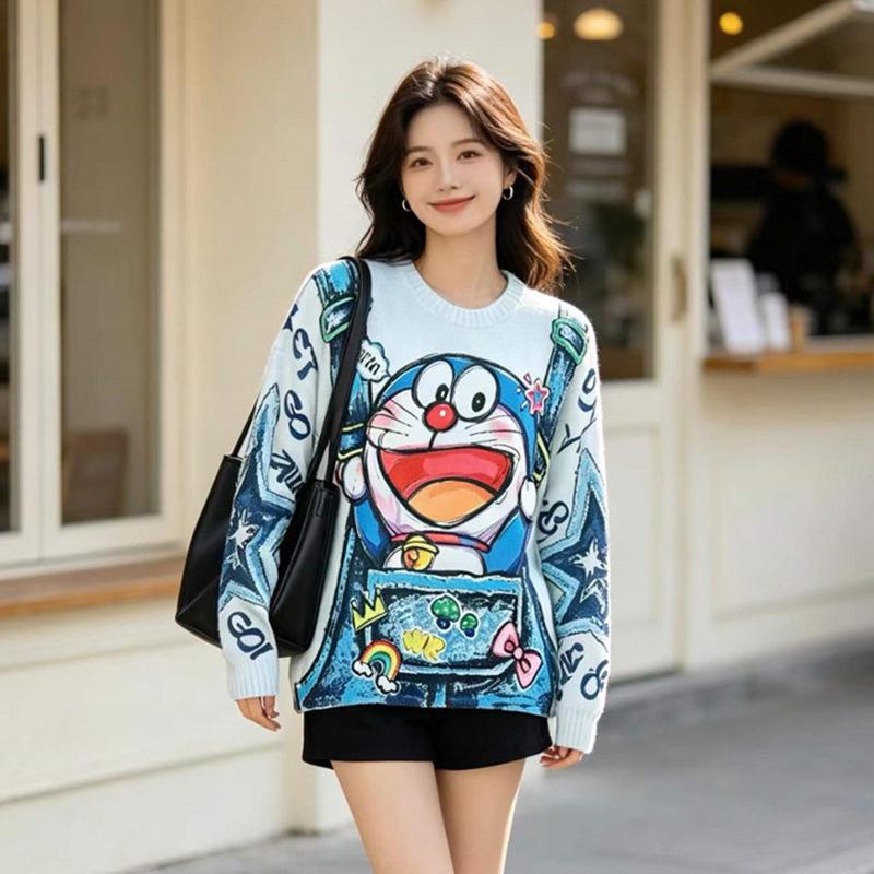Retro Cartoon Print Loose Sweater - Women's Plus Size Autumn/Winter Knitwear