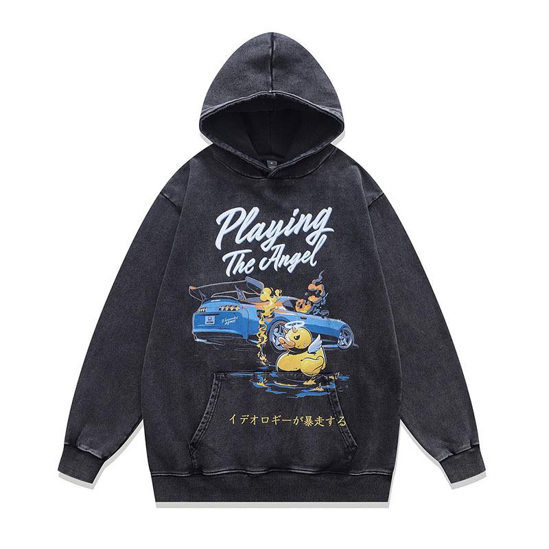 European And American High Street Skull Direct Injection Printing Washed Hooded Sweater Men And Women Loose Retro Trendy Brand Old Coat