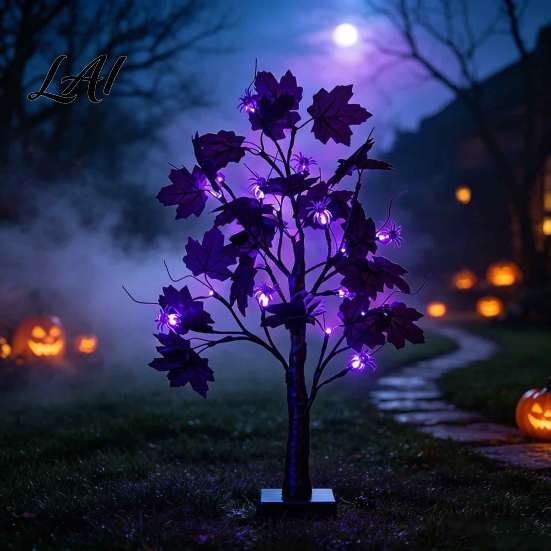 Harvest Festival Party Ornaments Halloween Maple Leaf Artificial Tree Light 12 LED Glowing Eyeballs/Ghost Battery Powered Seasonal Decorative