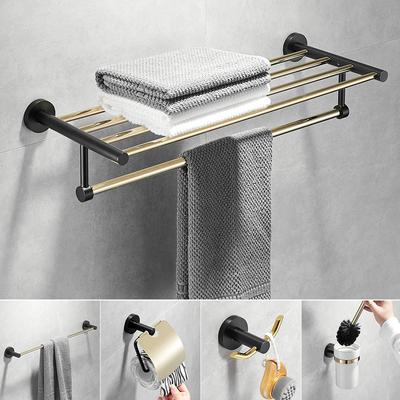 Accessoires de salle de bain Étagère de salle de bain Porte-serviettes, porte-papier, porte-brosse de toilette, range-serviettes, ensemble de quincaillerie de bain en laiton doré noir