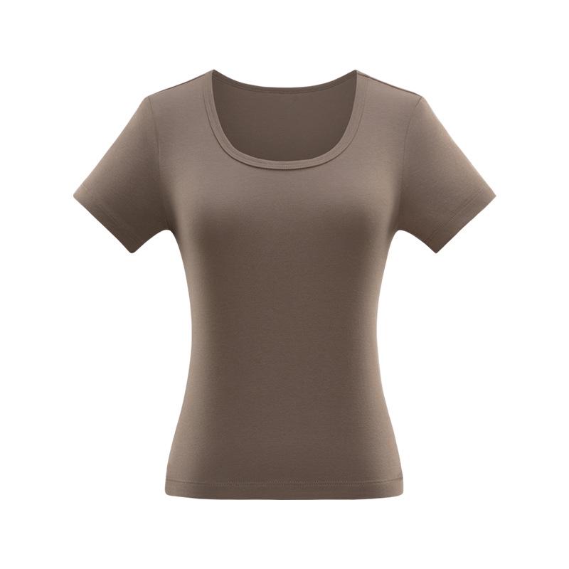 Women's Slim-Fit U-Neck T-Shirt: Trendy Summer 2025 Style, Solid Color, True Shoulder, Elastic, Short Sleeves, Thin Fabric.