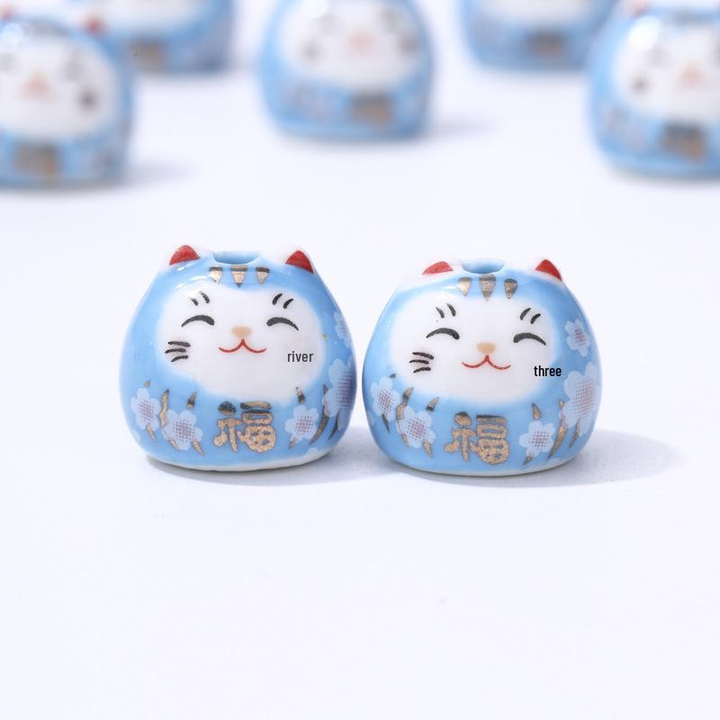 Ceramic Lucky Cat DIY Bracelet Pendant - Vertical Hole Beaded Charm Daruma Cat Accessories