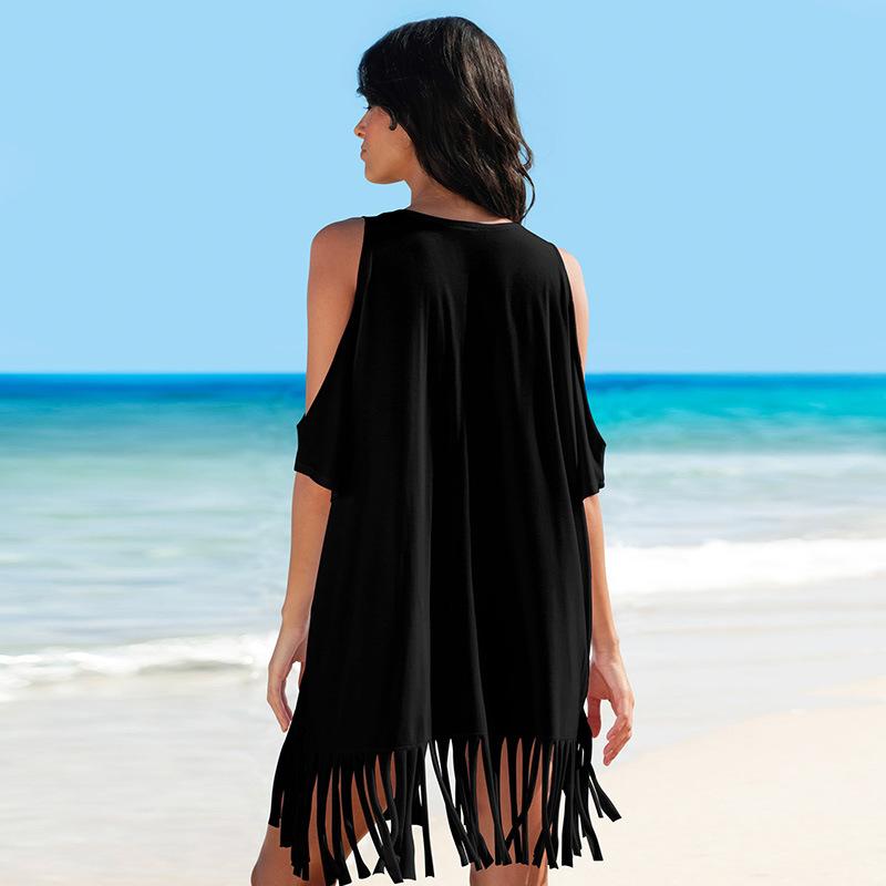 Tassels di cotone off-the-shoulder stampa sciolta da spiaggia bikini costume da bagno camicetta giacca gonna parasole copricostume