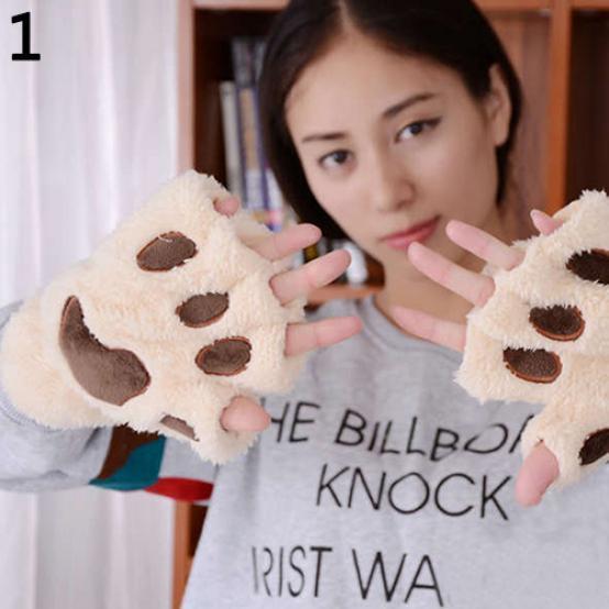 Trendy Unisex fluffy cat xmas bear Fingerless Mittens Gloves Paw gift Pair of gloves chic women
