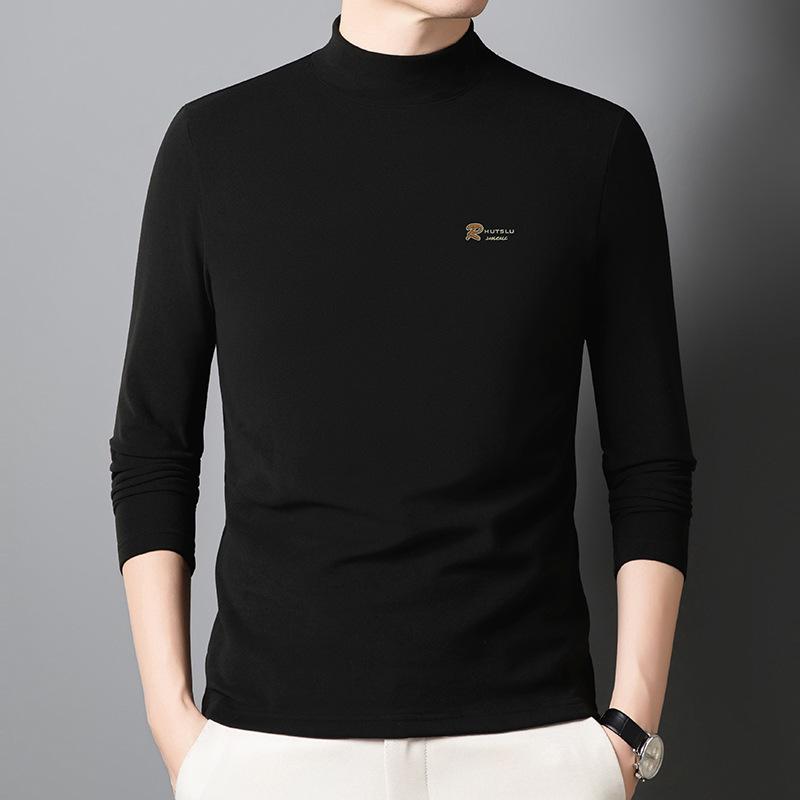 Men s Wool & Silk Slim-Fit Long-Sleeve T-Shirt with Half-High Collar for Fall/Winter. 4XL