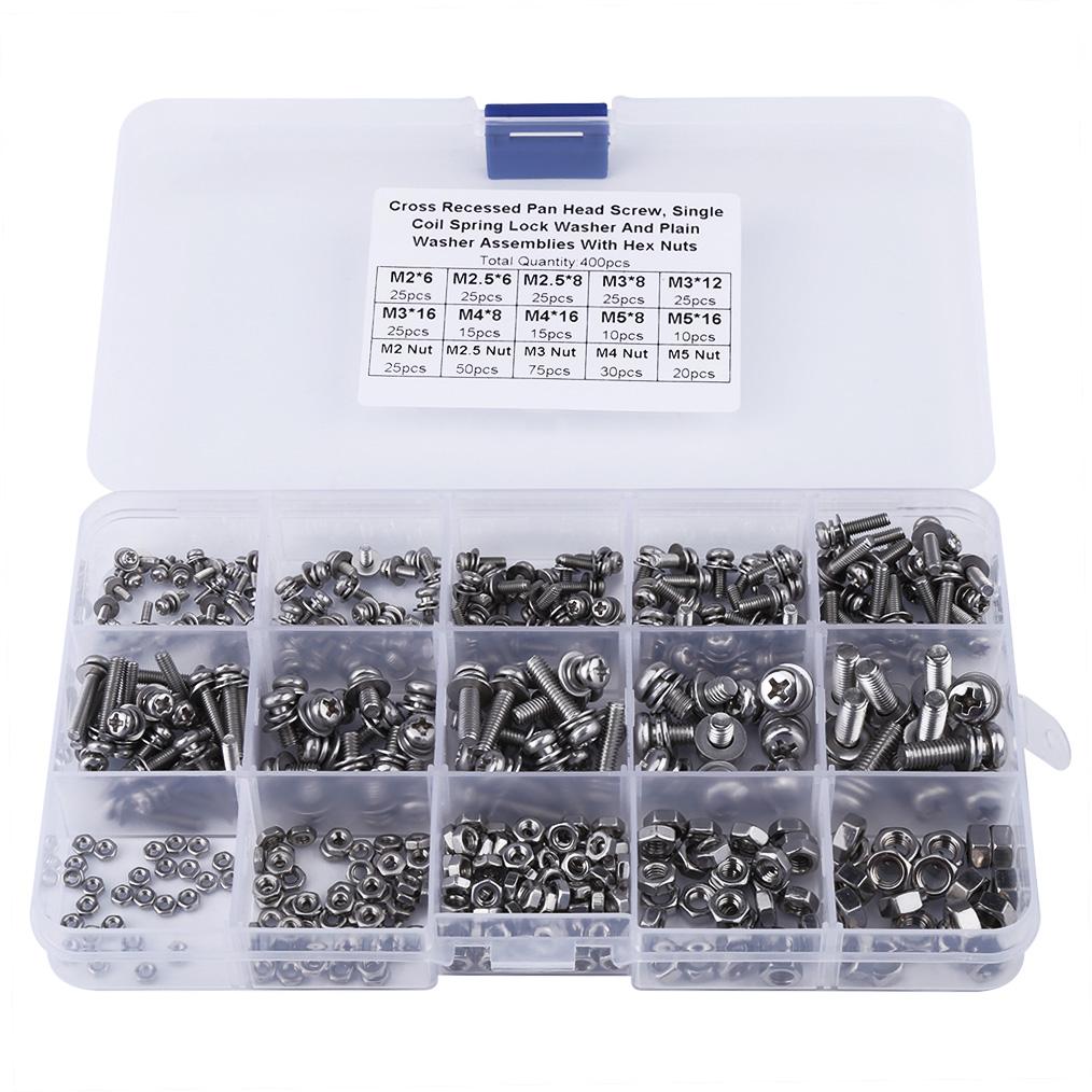 

400pcs M2 M2.5 M3 M4 M5 Cross Pan Head Screws Nuts And Washer Kit