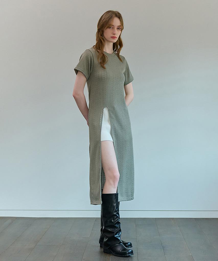 Kamino Slit Summer Lace Long Knit Dress Khaki