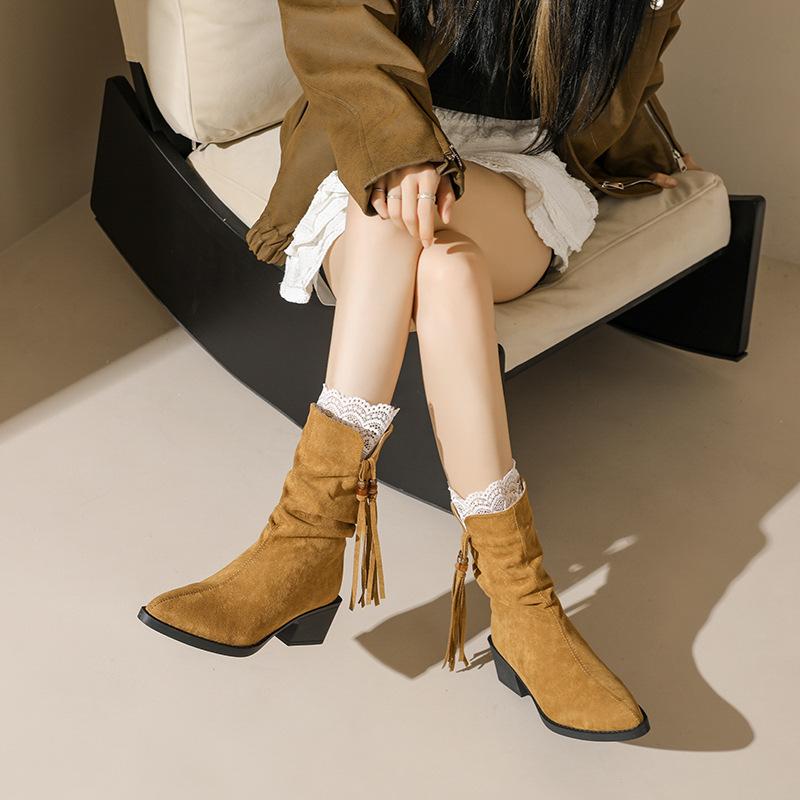 Suede pointed short boots high-heeled fashion boots 2025 autumn and winter new velvet short boots elastic thin boots socks boots