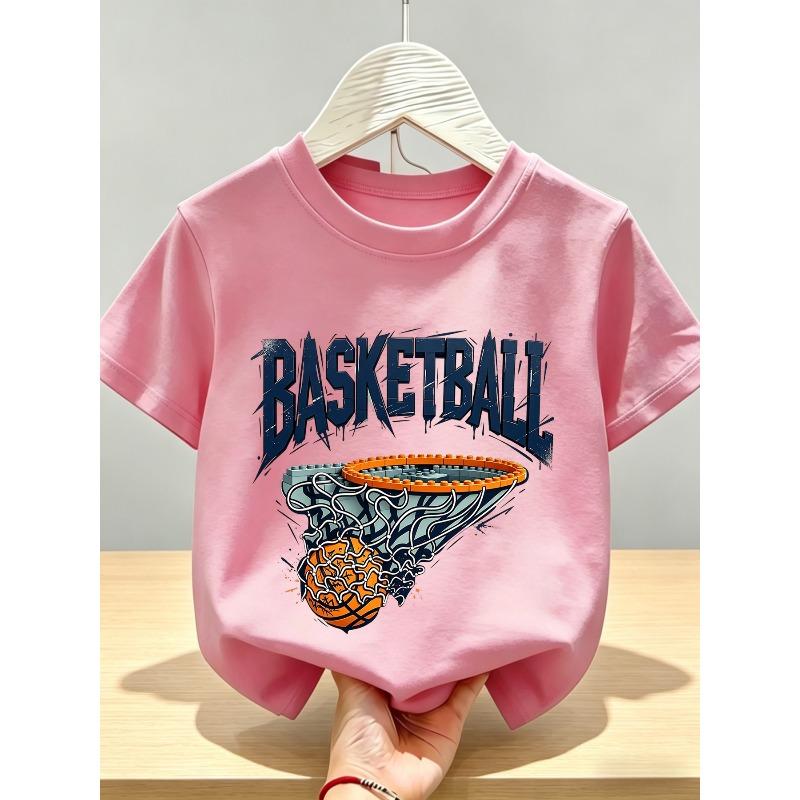 Kids Crewneck Short Sleeve T-Shirt, Ink Splatter Building Block Basketball Hoop Print
