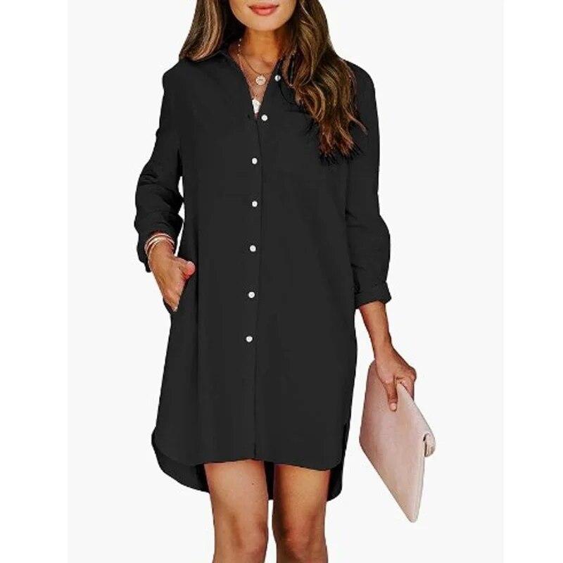 

Женское простое платье-рубашка с длинным рукавом, весна-осень, элегантное свободное платье с лацканами, длинная блузка, офисные повседневные топы с карманами 30094 XL чёрный