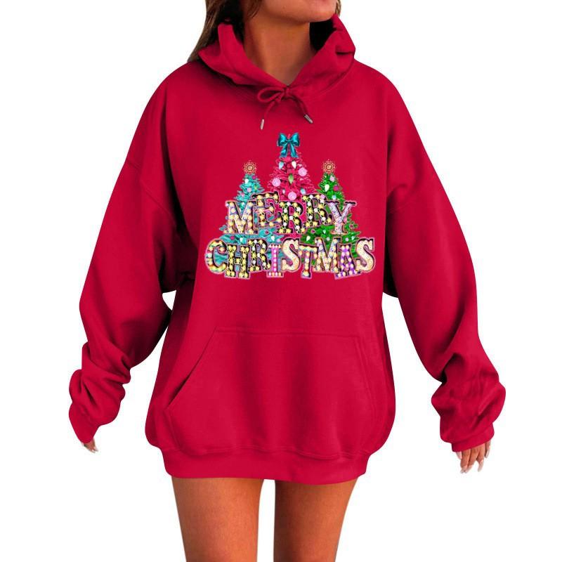 Christmas Tree Letter Print Hooded Sweatshirt for Men Women Loose Comfortable Casual Creative Unisex Sweatshirt