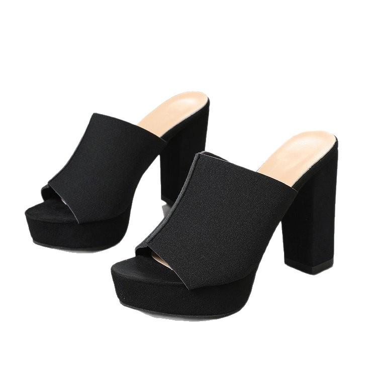 Large size fish mouth cool slippers casual summer new European and American fashion one-character thick heel thick bottom high heel cool slippers wome