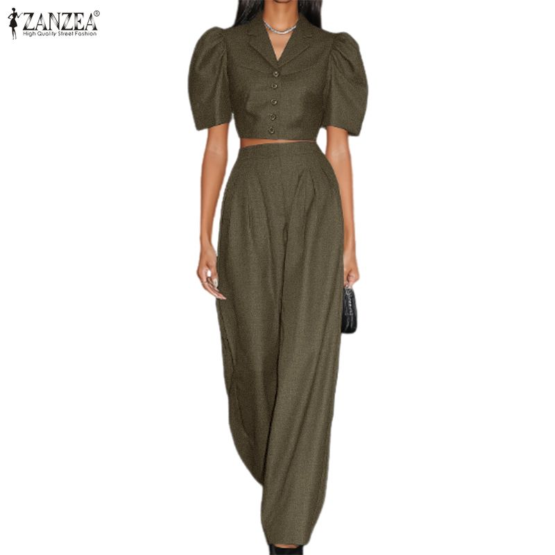 ZANZEA Women Short Sleeve Cropped Tops and Long Pants Two Piece Suit Sets