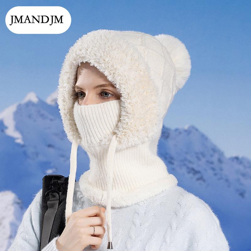 Winter Samt Strickwolle Mütze Damen Ohrenschutz Mütze Maske Schal integrierte thermische Überzieh-Mütze