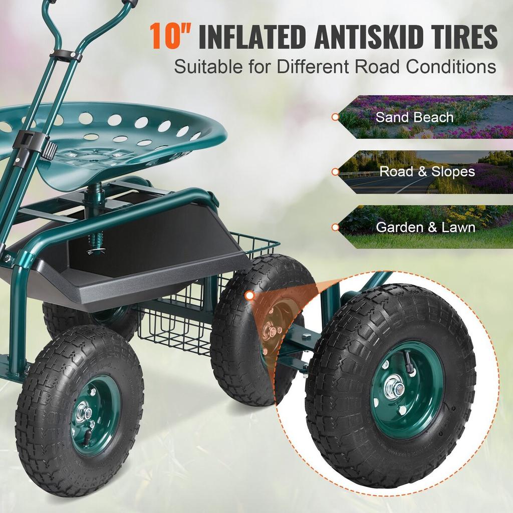 Garden Cart Rolling Workseat with Wheels, Gardening Stool for Planting, 360 Degree Swivel Seat, Wagon Scooter with Steering Handle & Utility Tool