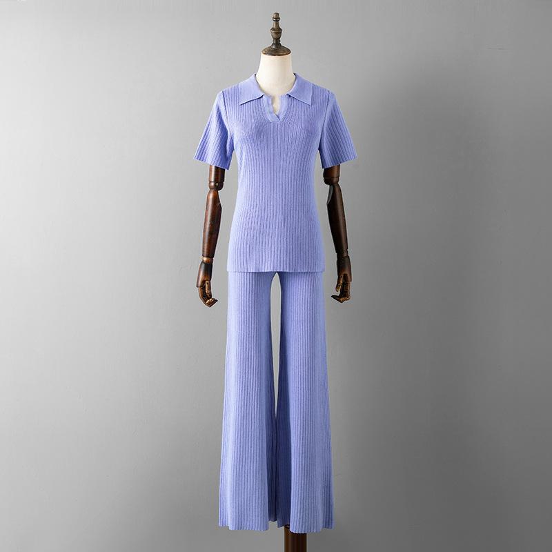 HNXC Women's Polo Collar Puller Short-sleeved Top + Slimming and Versatile Solid-color Wide-leg Long Pants Knitted Fashion Set