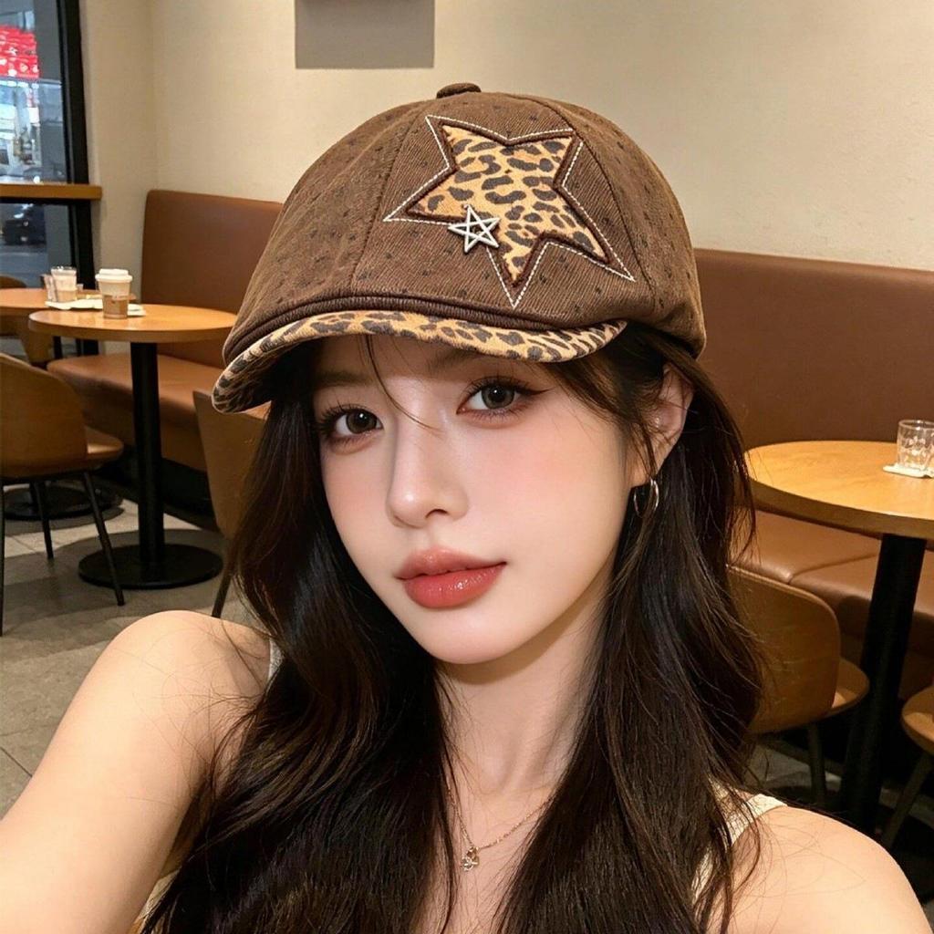 Women's Retro Distressed Denim Painter's Beret with Star Detail