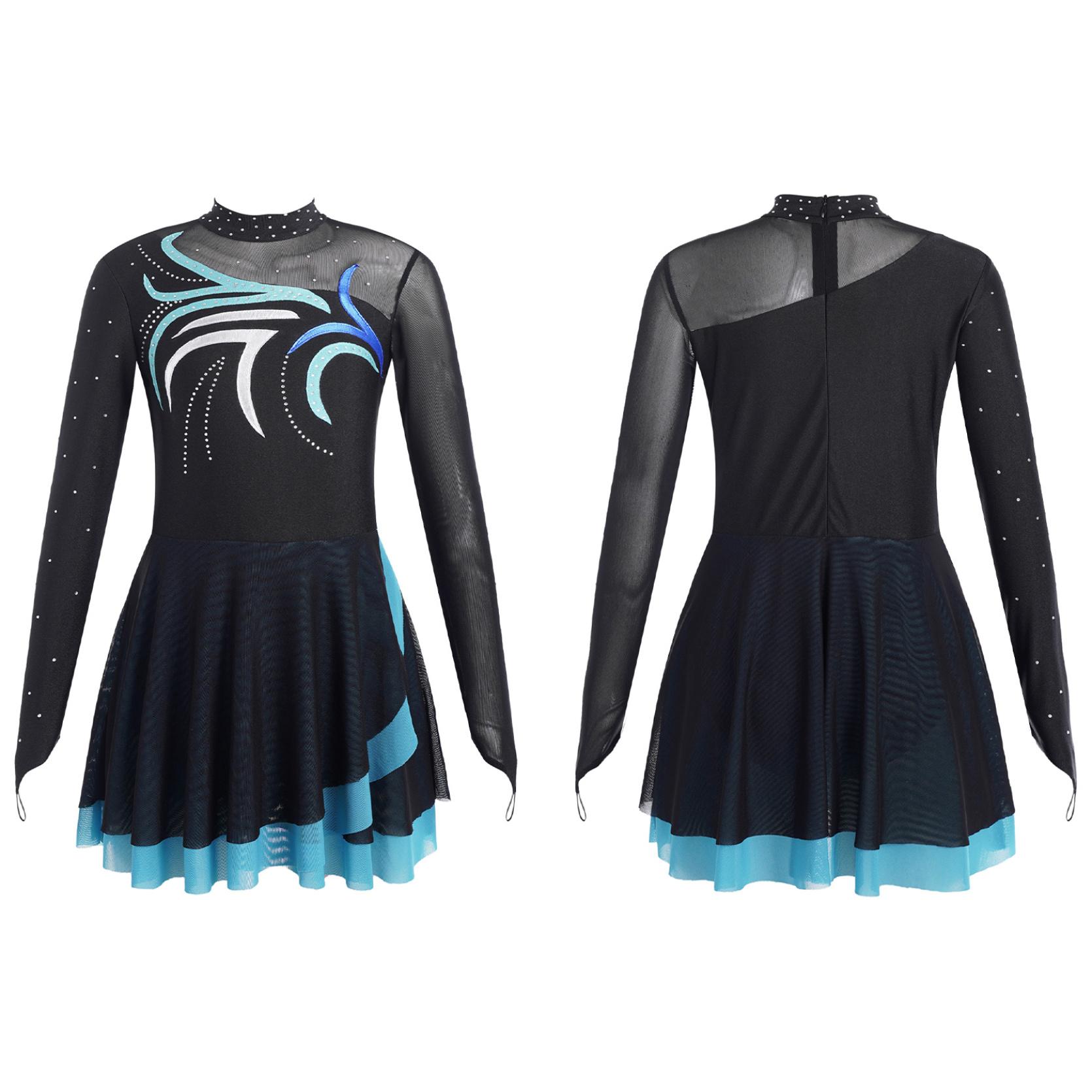 IEFiEL Kinderen meisjes kunstschaatsen dansvoorstelling jurken strass mesh patchwork lange mouw mock hals jurk danskleding 13-14 Years hemelsblauwe kleur