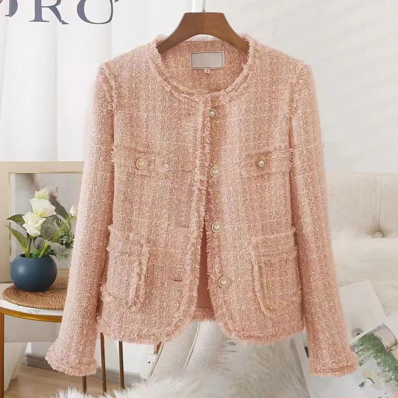 Mujer Primavera Otoño Blazers Elegantes Chic Tweed Dama Trajes de Manga Larga de Un Solo Botón Chaqueta Blazer de Oficina Femenina