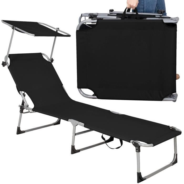 Liegestuhl - SPRINGOS - Klappbar mit Sonnendach - 188 x 57 cm - Metall - Schwarz