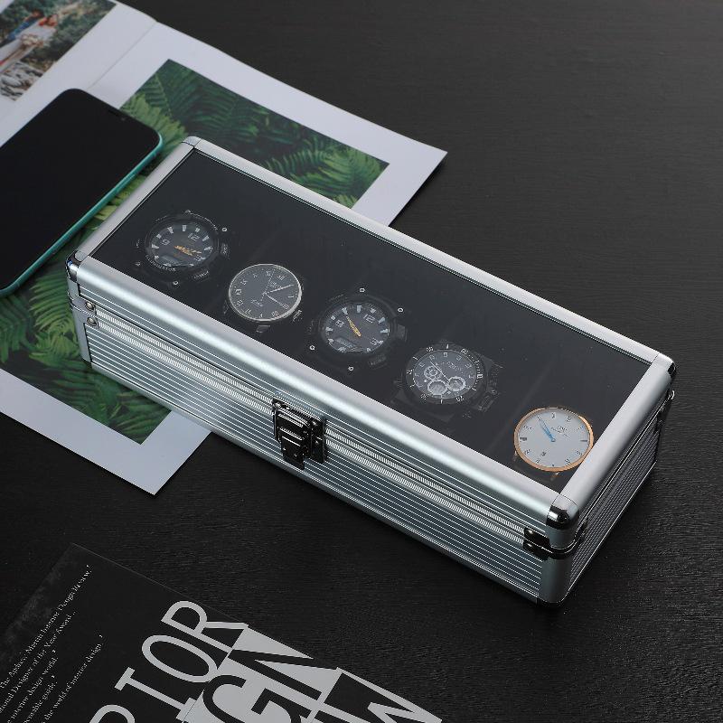Aluminum Alloy Watch Box with Transparent Lid, 5 Slots, Multiple Colors