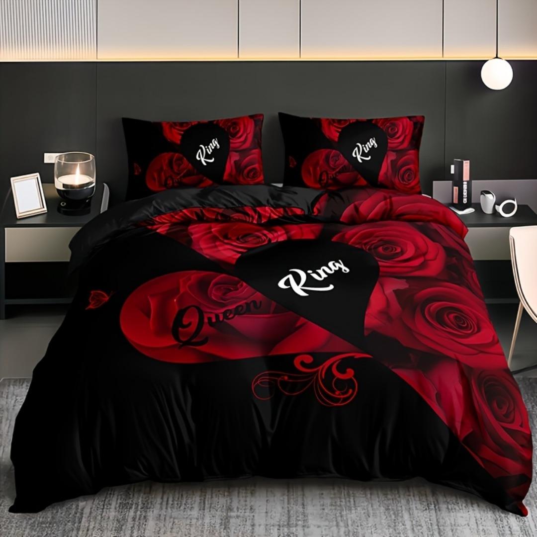 

Romantic Love Rose Letter Print Bedding Set Soft Duvet Cover Set King Queen Twin Single Size Bithday Gift Bedroom Decoration Duvet&EU Twin 135x200c