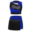 Girls Dance Crop Top and Skirt Set Sleeveless Rhinestone Design Side Slit Cheerleading Costume