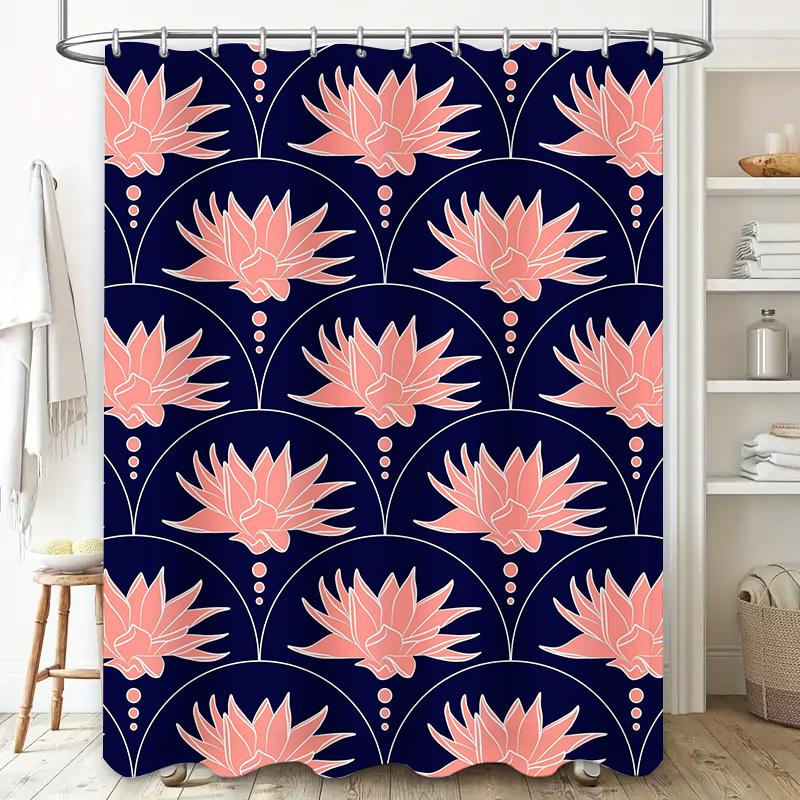 Pink Lotus Printed Shower Curtain Waterproof Fabric for Bathrooms Decor, Home Garden Supplies Bathroom Accessories Navy Blue Col