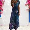 Women Plus Size V Neck Short Sleeve Floral Butterfly Printed Black Straight Long Dress