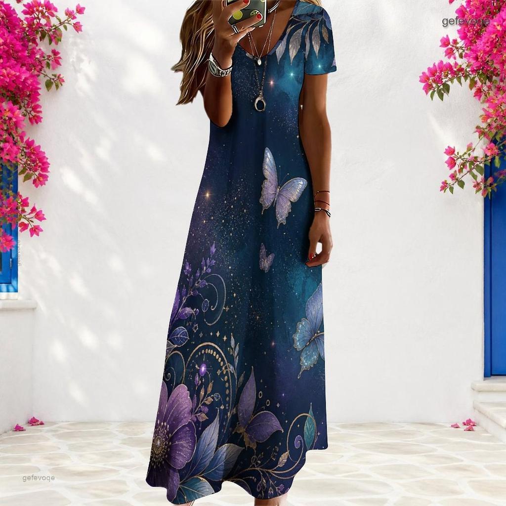 Women Plus Size V Neck Short Sleeve Floral Butterfly Printed Black Straight Long Dress
