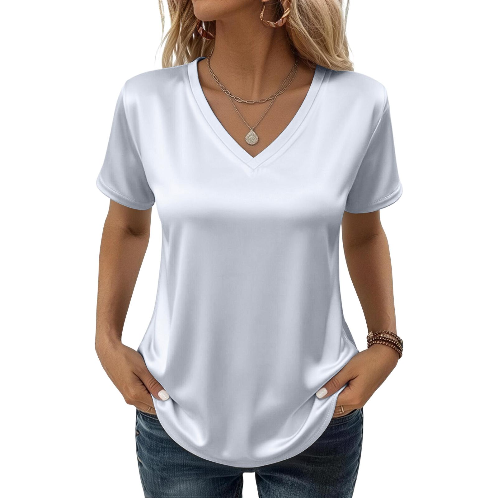 

Women s Short Loose V-Neck Elegant Satin Short-Sleeve T-Shirt XL білий