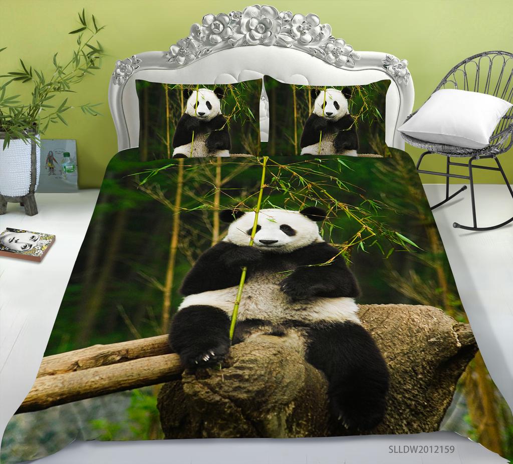 Panda Duvet Cover Set King Queen Cute Animal Different Poses Bamboo Branch Bedding Set Black White 2/3Pcs Quilt Cover