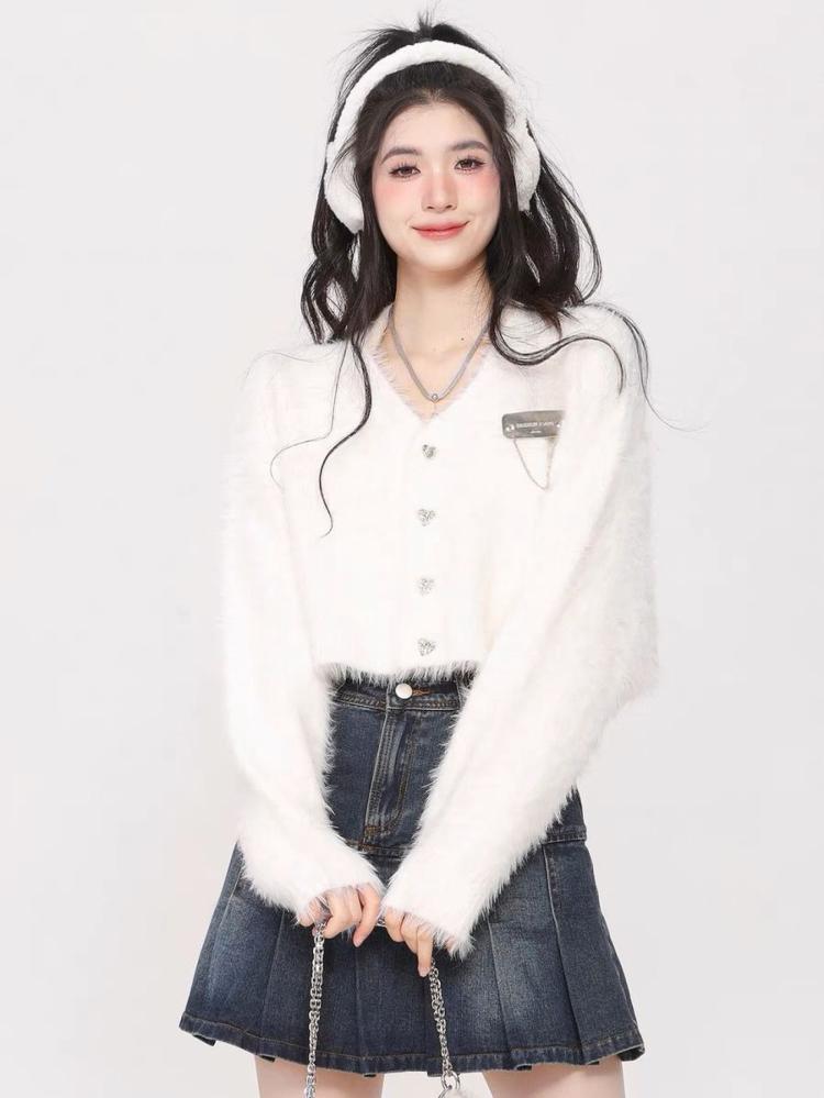 White Y2K Cardigan Women Sweet Fluffy Knitted Sweater Female Autumn Plush Crop Cardigans Lady Harajuku Love Button Knitwear