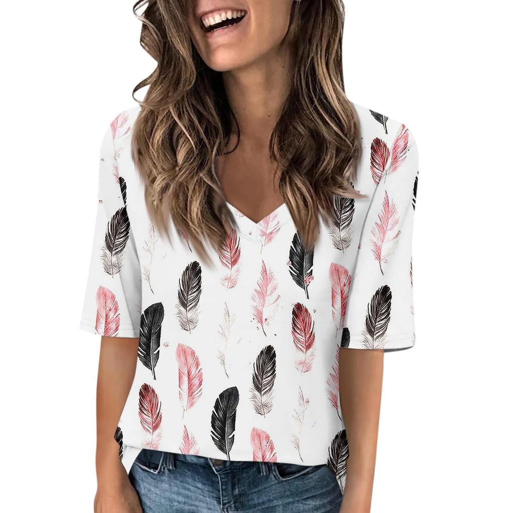 Dámské módní tričko s krátkým rukávem a výstřihem do V s 3D potiskem, letní pohodlné sportovní topy