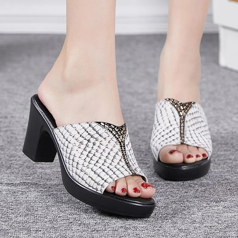 Fashion GKTINOO Fashion New Genuine Leather Slippers Anti-skid Summer High Heels Waterproof Rhinestone Sandals Mom Shoes For Outside